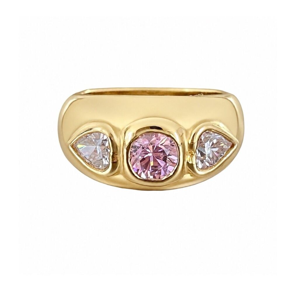 Vintage 1970s Ring Size 6 Pink CZ Heart Three Stone 14KT Gold Plate - 14F
